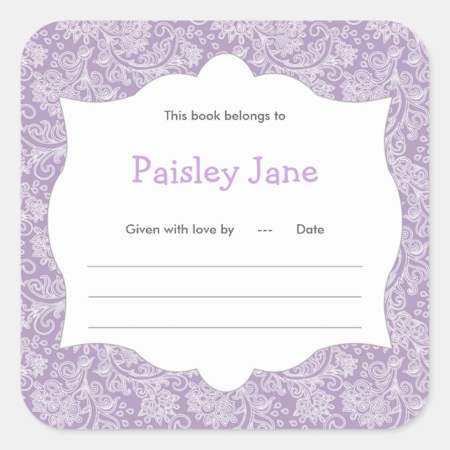 Purple Paisley Girl Book baby shower Bookplate (Front)