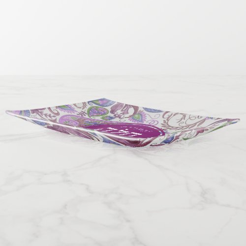 Purple Paisley Hebrew Fused Glass Challah Tray