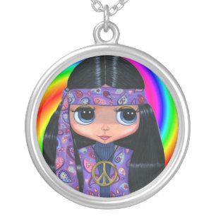 Purple Paisley Hippie Girl & Peace Sign Necklace