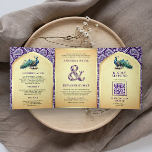 Purple Paisley Indian Peacock QR Code Wedding Tri-Fold Invitation