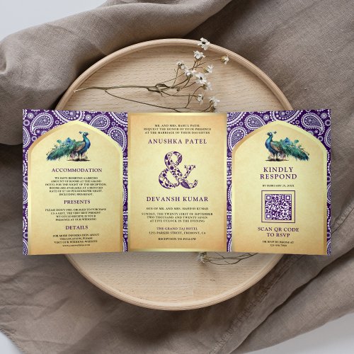 Purple Paisley Indian Peacock QR Code Wedding Tri_Fold Invitation