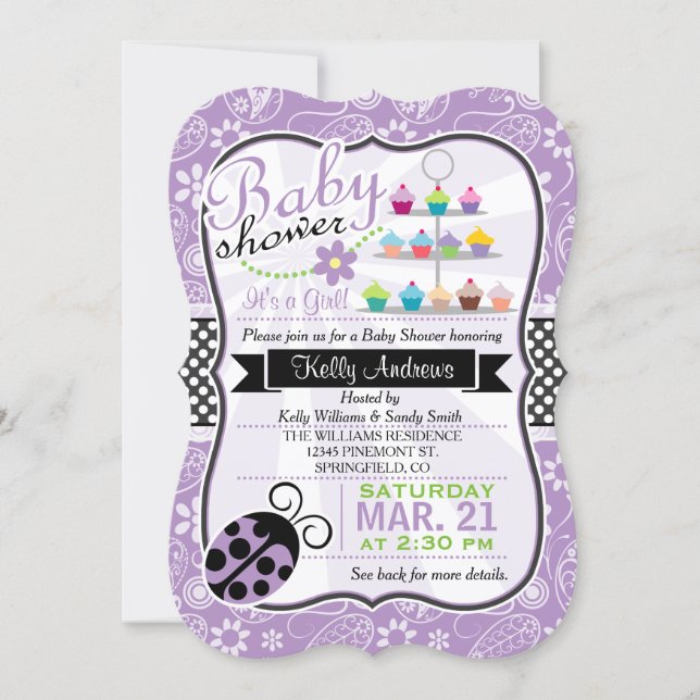Purple Paisley Ladybug Theme Girl Baby Shower Invitation (Front)