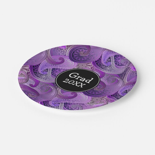 Purple Paisley Pattern Custom Party Paper Plates (Angled)