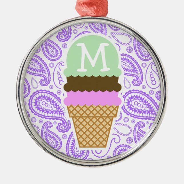 Purple Paisley Pattern; Ice Cream Cone Metal Ornament (Front)