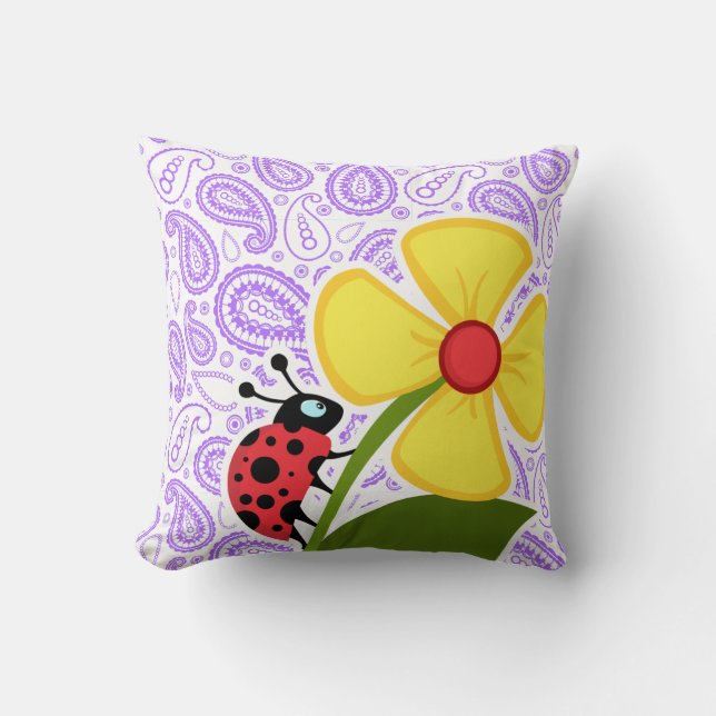 Purple Paisley Pattern; Ladybug Throw Pillow (Front)