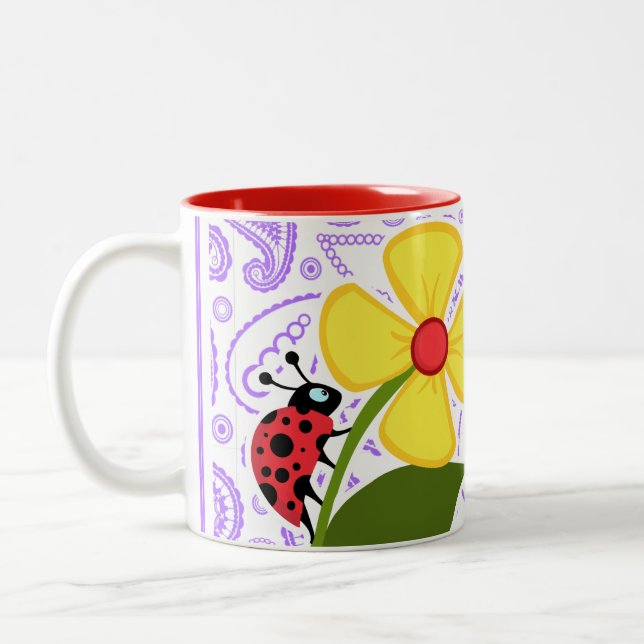 Purple Paisley Pattern; Ladybug Two-Tone Coffee Mug (Left)