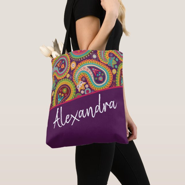 Purple Paisley Pattern Personalized Tote Bag (Close Up)