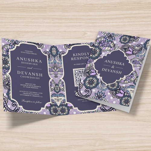 Purple Paisley Pattern QR Code Indian Wedding Invitation