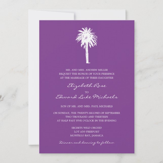 Purple Palm Tree Destination Wedding Invitation (Front)