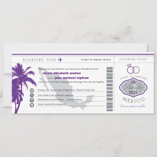 Purple Palm Tree Mexico Boarding Pass Wedding Invitation (Front)