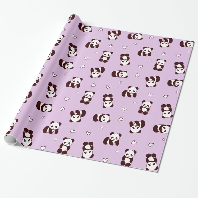Purple Panda Heart Wrapping Paper (Unrolled)