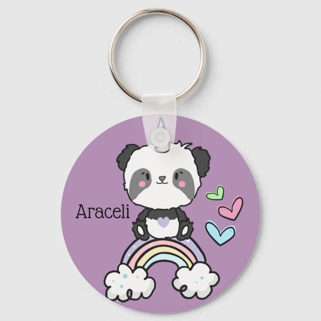 Purple Panda Unicorn on Rainbow Personalized Keychain (Front)
