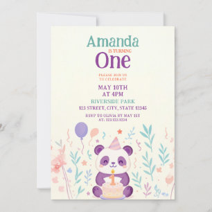 Purple Panda with Floral Garden Scene 1st Birthday Invitation