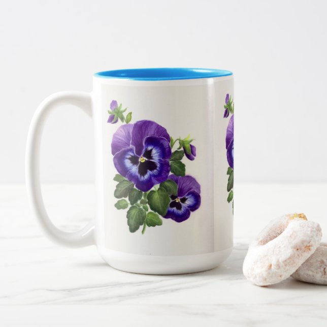 Purple pansies 2 tone coffee mug (With Donut)