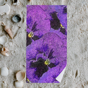 Purple pansies, abstract painting, floral art beach towel