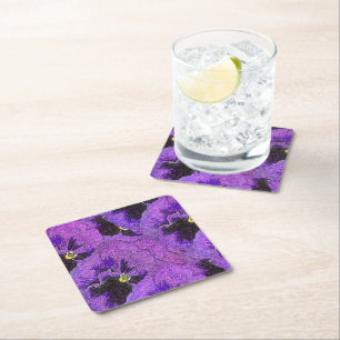 Purple pansies, abstract painting, floral art   square paper coaster