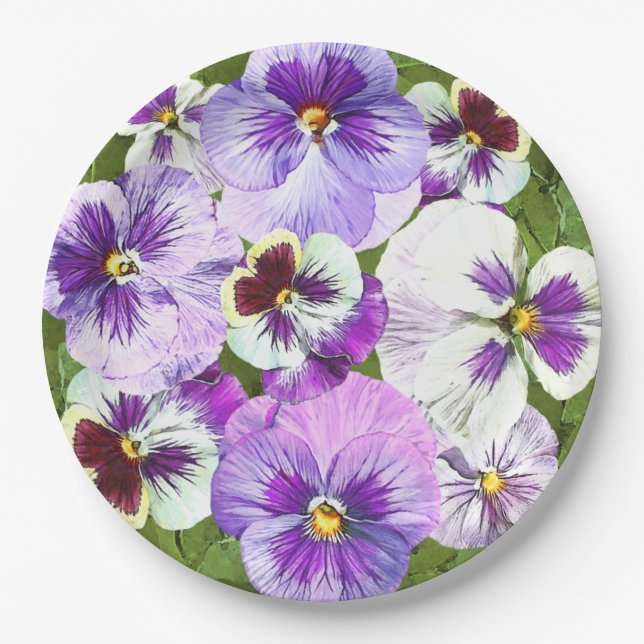 Purple Pansies All Over Botanical Art Paper Plates (Front)