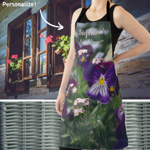 Purple pansies and pink forget-me-nots apron