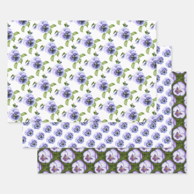 Purple Pansies Botanical Floral Art Wrapping Paper Sheets (Set)