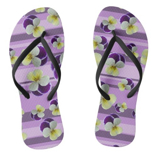 Purple pansies flip flops