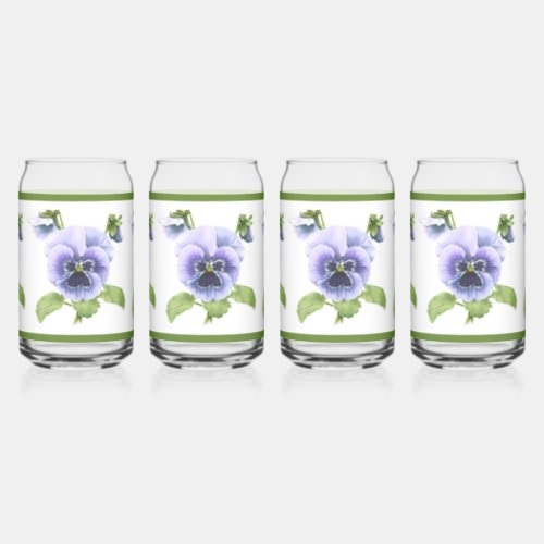 Purple Pansies Floral Botanical Art Can Glass