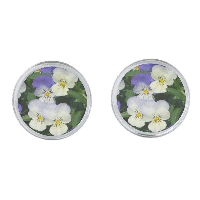 Purple Pansies Garden Floral Silver Cufflinks (Front)