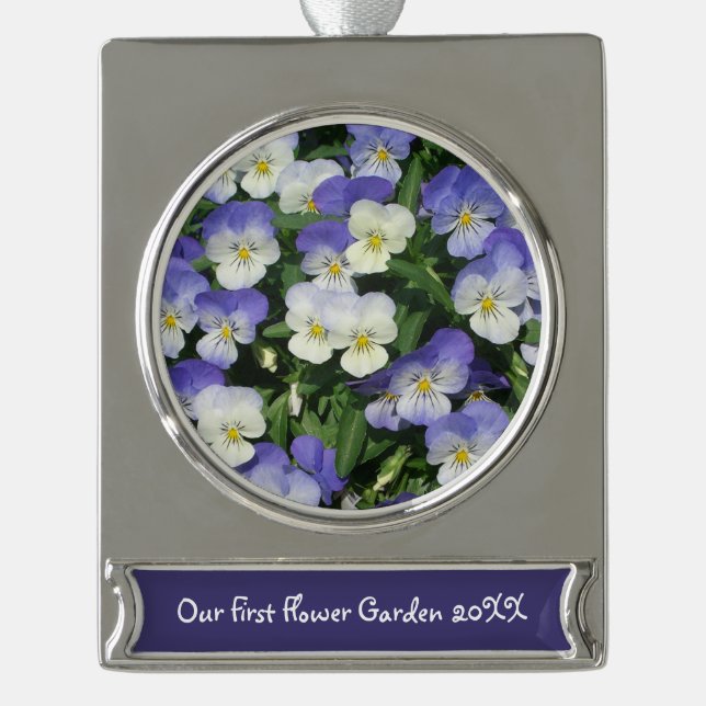 Purple Pansies Garden Floral Silver Plated Banner Ornament (Front)