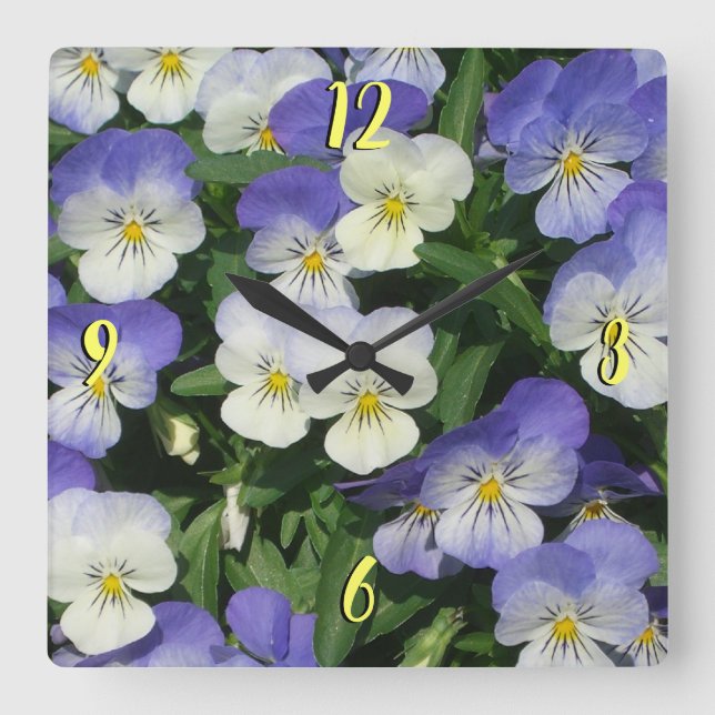 Purple Pansies Garden Floral Square Wall Clock (Front)