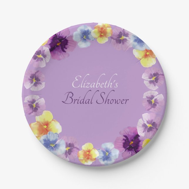 Purple Pansies Garden Party Boho Bridal Shower Paper Plates (Front)