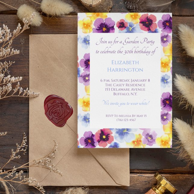 Purple Pansies Garden Party Boho Hand-Illustrated Invitation (These watercolor pansies are unique! The pattern grew out of flowers I painted the old-school way.)