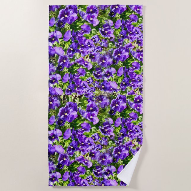 Purple Pansies In A Field, Beach Towel (Front)