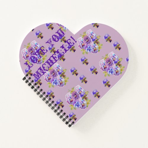 Purple Pansies Love You floral Name cute Notebook