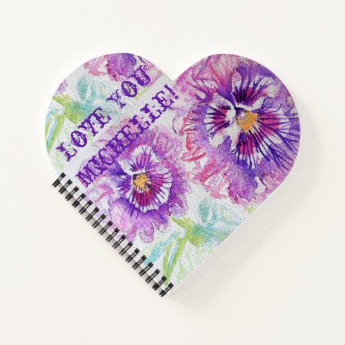 Purple Pansies Love You floral Name Love Notebook