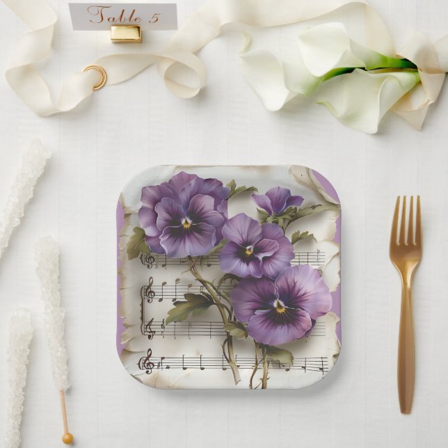 Purple Pansies Music Sheet  Paper Plates (Wedding)