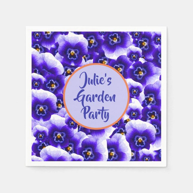 Purple Pansies Pattern and Your Name Garden Party Napkins (Front)