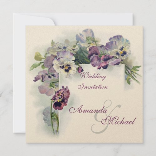 Purple pansies square wedding invitation