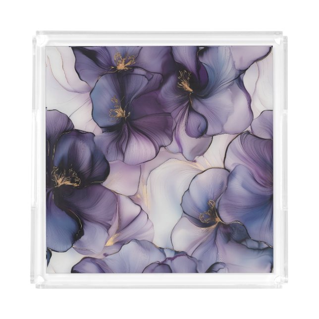 Purple Pansies Violets Watercolor Floral  Acrylic Tray (Front)