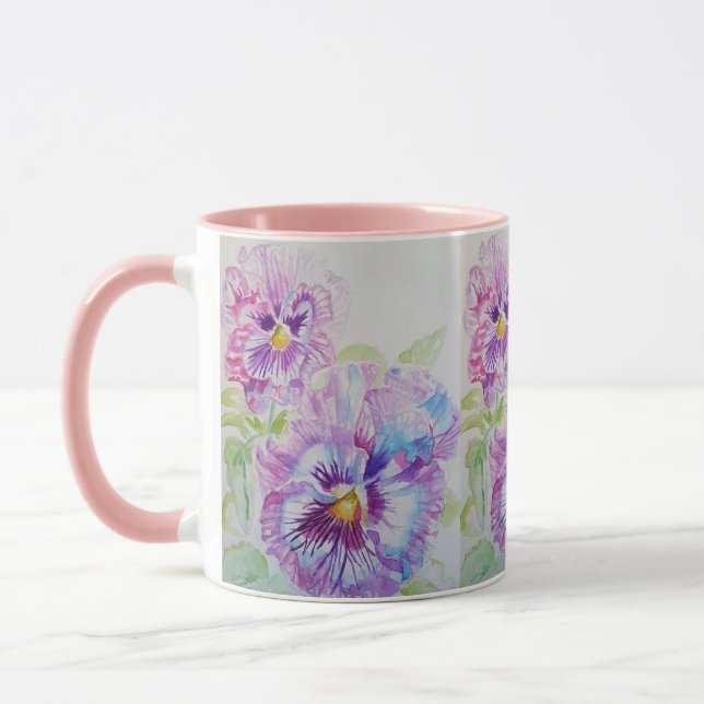 Purple Pansies Watercolor Painting Mug pink (Left)