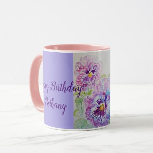 Purple Pansies Watercolor Painting Mug pink