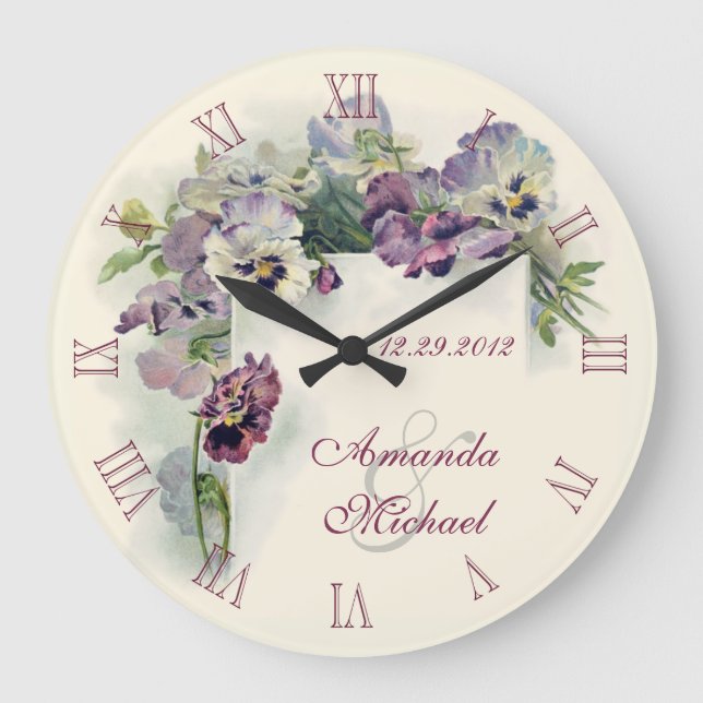 Purple pansies wedding anniversary large clock (Front)