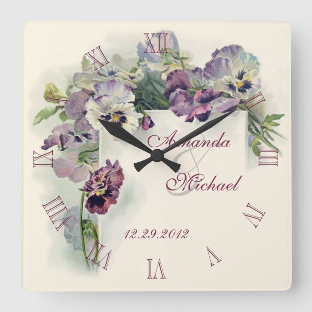 Purple pansies wedding anniversary square wall clock (Front)