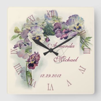 Purple Pansies Wedding Anniversary Square Wall Clock by Past_Impressions at Zazzle