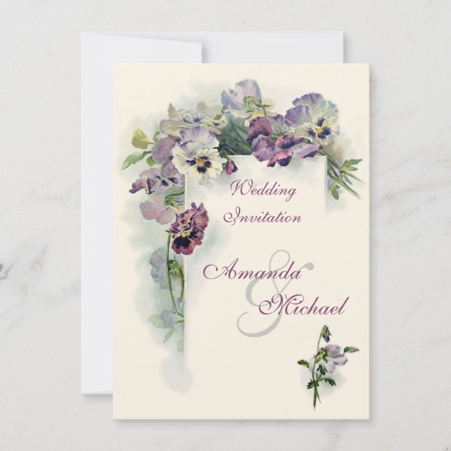 Purple pansies wedding invitation (Front)