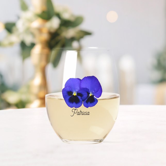Purple Pansies with Stylized Name Floral Stemless Wine Glass (Insitu (Wedding))