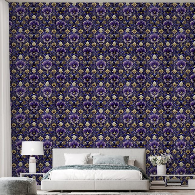 Purple pansy, art deco style wallpaper  (Bedroom)