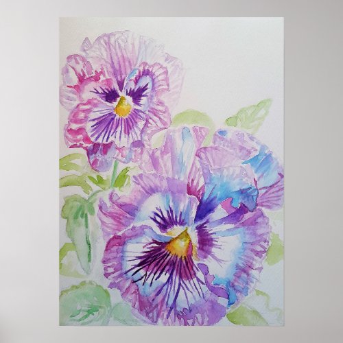 Purple Pansy Art Floral Flowers Watercolor Poster