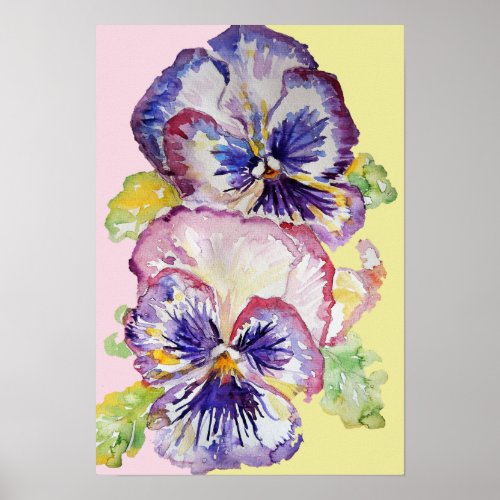 Purple Pansy Art Floral Flowers Watercolor Poster