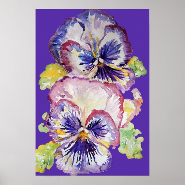 Purple Pansy Art Floral Flowers Watercolour Poster (Front)