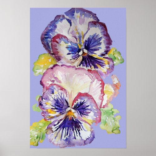 Purple Pansy Art Floral Flowers Watercolour Poster