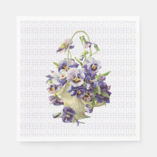 Purple Pansy Basket on Eyelet Lace Napkins